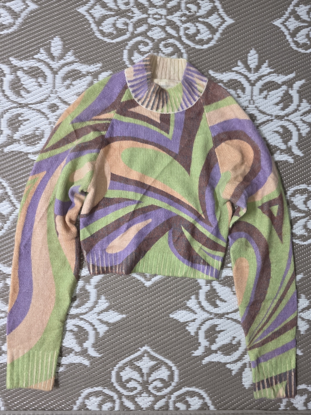 Urban Outfitters Swirl Print Cropped Turtleneck Sweater - Green / Purple / Peach